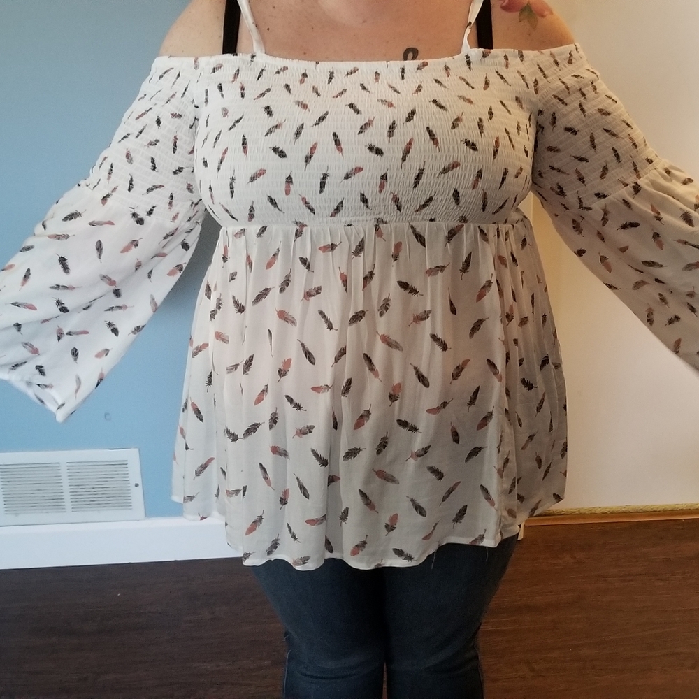 Feather pattern white off the shoulder top